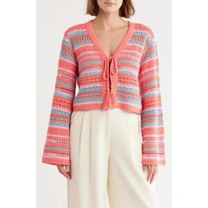 NWT! Ramy Brook Madge Cotton Stripe Cardigan in Flame Geo Size XS